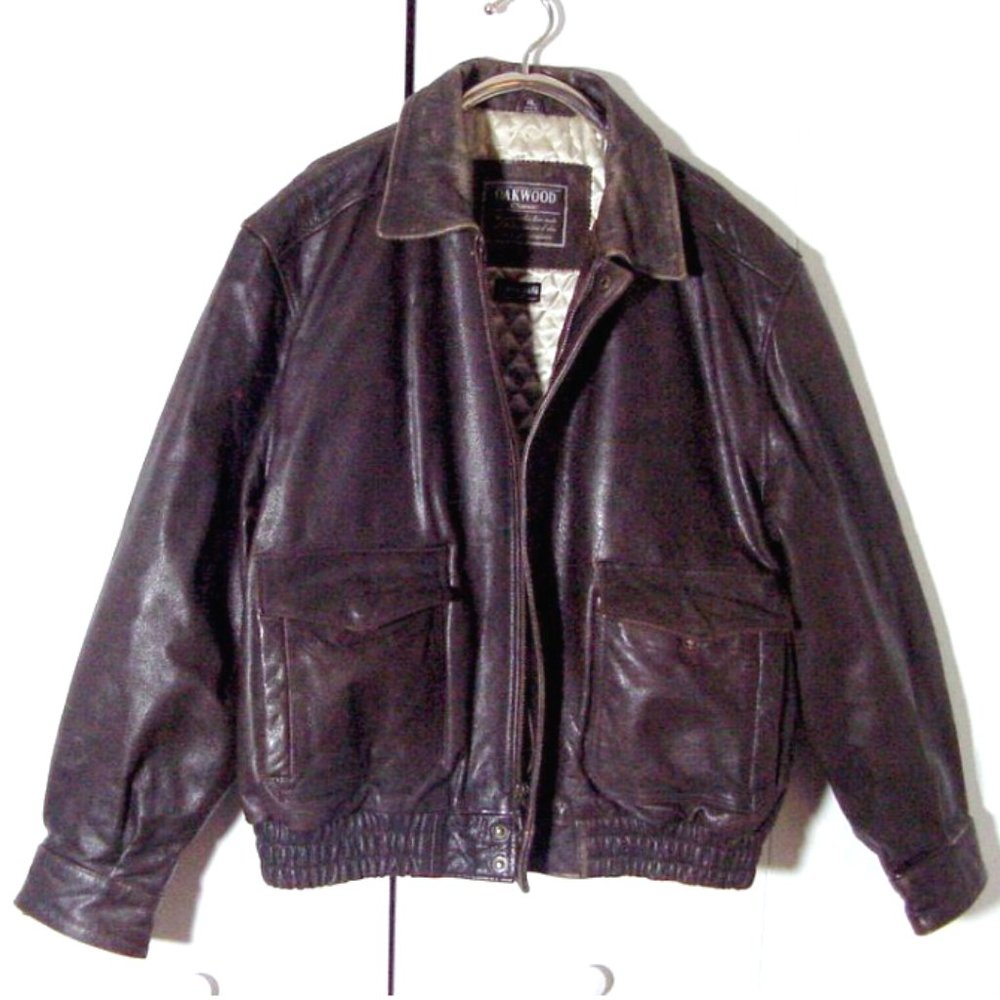 Vtg Brown Leather Oakwood A2 Bomber Insulated Jacket Sz XL